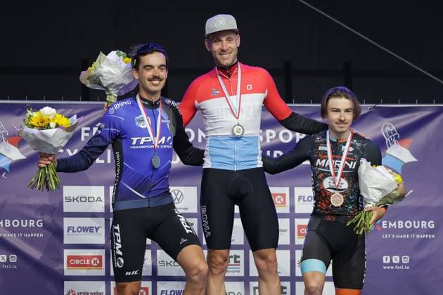 Podium Elite ohne Vertrag Charel Meyers, Tim Diederich, Tom Paquet 26.06.2025 Radsport, Velo, Saison 2025 26.06.2025 Nationale Meisterschaften, Zeitfahren (Contre-la-Montre) Mertzig