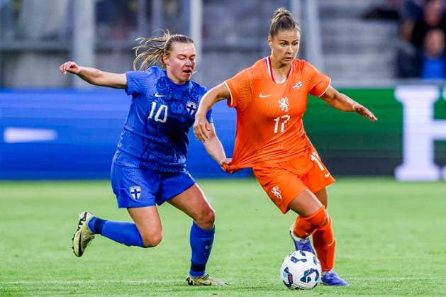 Victoria Pelova of the Netherlands and Oona Siren of Finland battle for the ball Netherlands v Finland, , Netherlands v Finland, Kooi Stadion, June 26, 2025, Leeuwarden, Netherlands.
