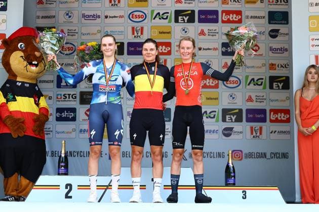 Belgian Marthe Goossens, Belgian Lotte Kopecky and Belgian Lotte Claes pictured on the podium after the women s elite individual time trial of the Belgian Cycling Championships, 20,1km, in Brasschaat, on . DAVIDxPINTENS  x127925179x