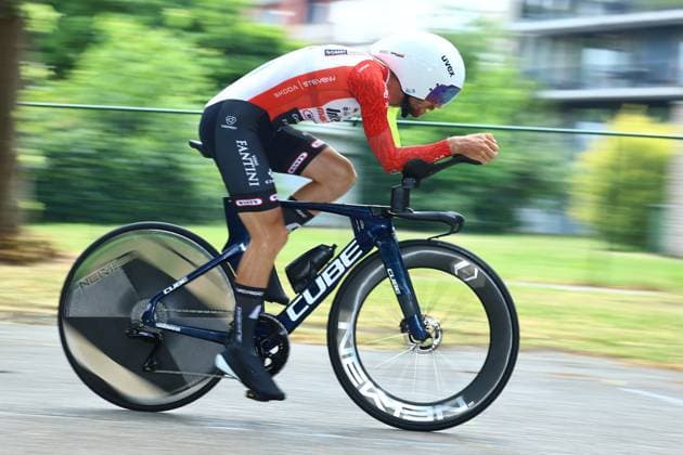 Belgian Kamiel Bonneu of Intermarche-Wanty pictured in action during the men s elite individual time trial of the Belgian Cycling Championships, 40,2km, in Brasschaat, on Friday 27 June 2025. DAVIDxPINTENS  x127933207x