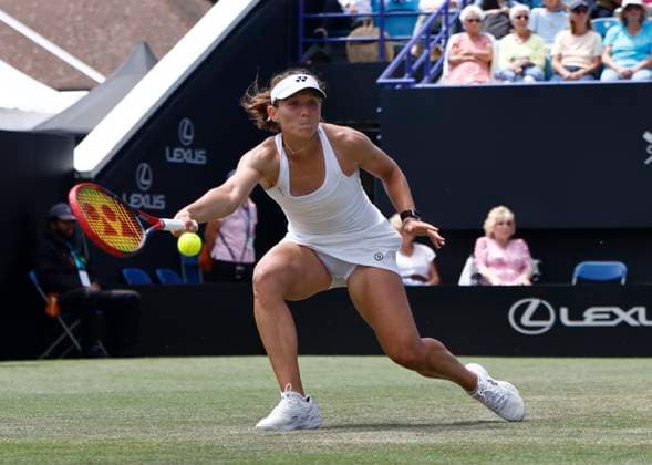 27th June 2025; Devonshire Park, Eastbourne, East Sussex, England; Lexus International Eastbourne, Day 5; Varvara Gracheva (FRA) plays a forehand shot against Alexandra Eala (PHI) in the womens singles semi-final match  ActionPlus12805864 HongboxChen