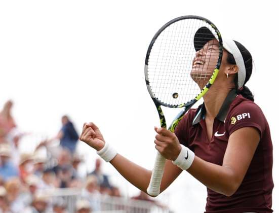27th June 2025; Devonshire Park, Eastbourne, East Sussex, England; Lexus International Eastbourne, Day 5; Alexandra Eala (PHI) celebrates her win over Varvara Gracheva (FRA) in the womens singles semi-final match  ActionPlus12805877 HongboxChen
