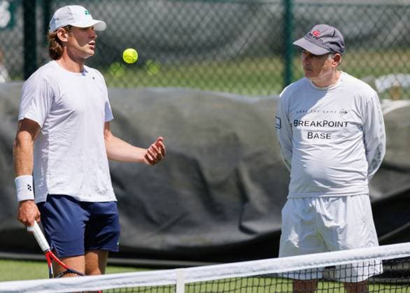 Belgian Zizou Bergs and his coach Jan De Witt pictured during a training session during the 2025 Wimbledon grand slam tennis tournament at the All England Tennis Club, in south-west London, Britain, Friday 27 June 2025. BENOITxDOPPAGNE  x127948393x