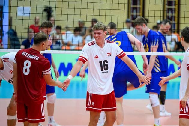 Volleyball, CEV Silver League, Österreich - Schweden VOLLEYBALL - CEV Silver League AMSTETTEN,AUSTRIA,27.JUN.25 - VOLLEYBALL - CEV European Silver League, OEVV international match, Länderspiel, Nationalmannschaft Austria vs Sweden. Image shows the rejoicing of Lukas Glatz (AUT).  GEPAxpictures xDanielaxMoser