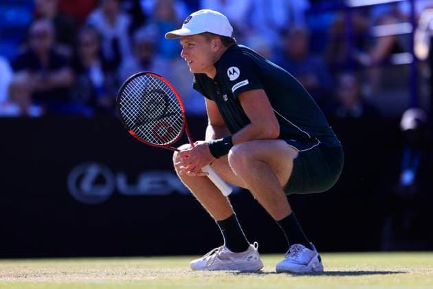 27th June 2025; Devonshire Park, Eastbourne, East Sussex, England; Lexus International Eastbourne, Day 5; Jensen Brooksby (USA) shows emotion in the mens semi-finals match against Ugo Humbert (FRA)  ActionPlus12805984 HongboxChen