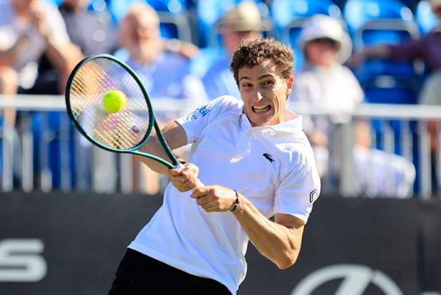 27th June 2025; Devonshire Park, Eastbourne, East Sussex, England; Lexus International Eastbourne, Day 5; Ugo Humbert (FRA) plays a backhand shot against Jensen Brooksby (USA) in the mens semi-finals match  ActionPlus12805991 HongboxChen