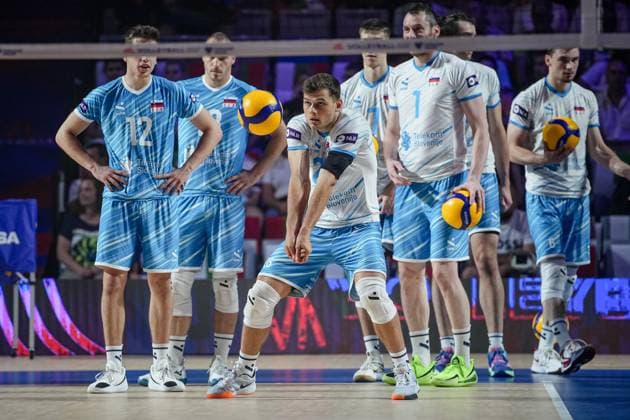 Volleyball, Nations League, Bulgarien - Slowenien Volleyball - FIVB Men s Volleyball Nations League - Bugaria - Slovenia - 27.06.2025 Klemen Sen warms-up before the match agiain Bulgaria during Mens Volleyball Nations League in Burgas, VNL Bulgaria Copyright: xYulianxTodorovx
