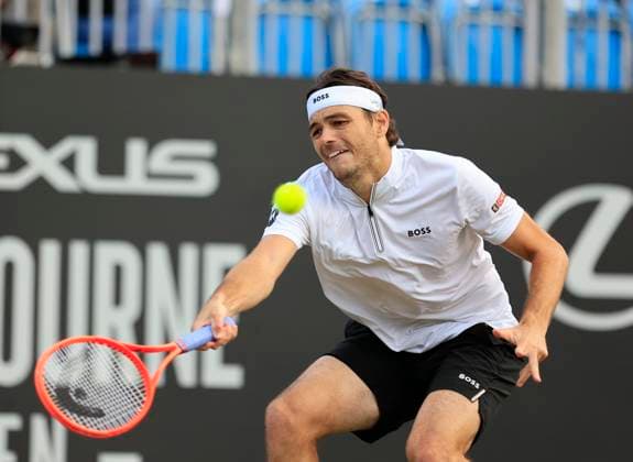 27th June 2025; Devonshire Park, Eastbourne, East Sussex, England; Lexus International Eastbourne, Day 5; Taylor Fritz (USA) plays a forehand shot against Alejandro Davidovich Fokina (ESP) in the mens singles semi-final match  ActionPlus12806113 HongboxChen