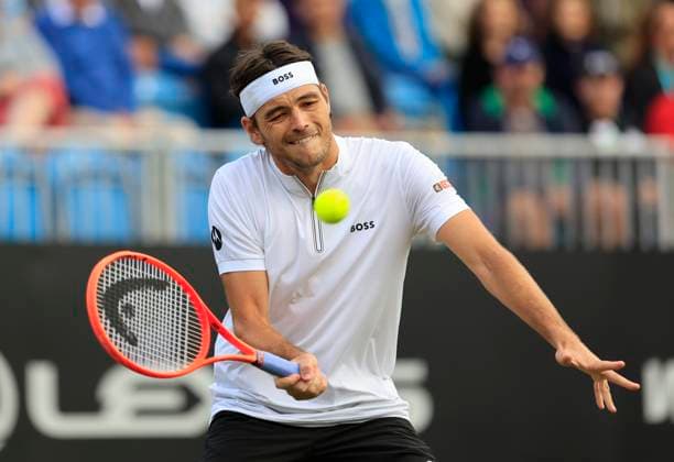 27th June 2025; Devonshire Park, Eastbourne, East Sussex, England; Lexus International Eastbourne, Day 5; Taylor Fritz (USA) plays a forehand shot against Alejandro Davidovich Fokina (ESP) in the mens singles semi-final match  ActionPlus12806114 HongboxChen