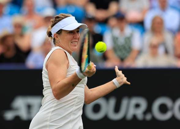27th June 2025; Devonshire Park, Eastbourne, East Sussex, England; Lexus International Eastbourne, Day 5; Anastasia Pavlyuchenkova plays a forehand shot against Maya joint (AUS) in the womens singles semi-final match  ActionPlus12806102 HongboxChen