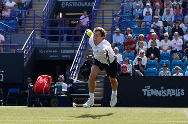 27th June 2025; Devonshire Park, Eastbourne, East Sussex, England; Lexus International Eastbourne, Day 5; Ugo Humbert (FRA) plays a forehand shot against Jensen Brooksby (USA) in the mens semi-finals match  ActionPlus12806120 HongboxChen