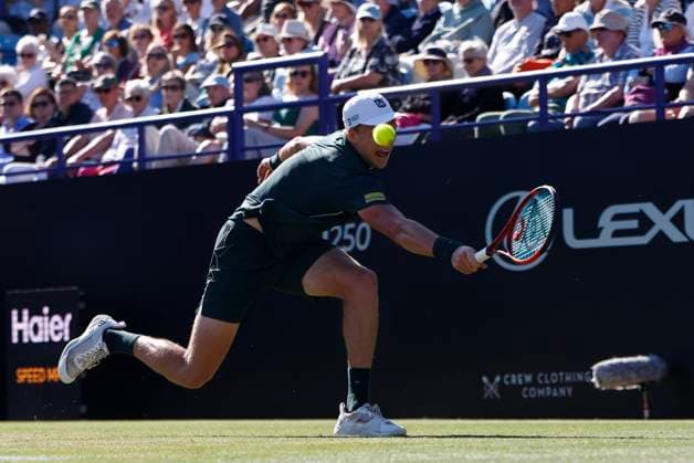 27th June 2025; Devonshire Park, Eastbourne, East Sussex, England; Lexus International Eastbourne, Day 5; Jensen Brooksby (USA) plays a backhand shot against Ugo Humbert (FRA) in the mens singles semi-final match  ActionPlus12806123 HongboxChen