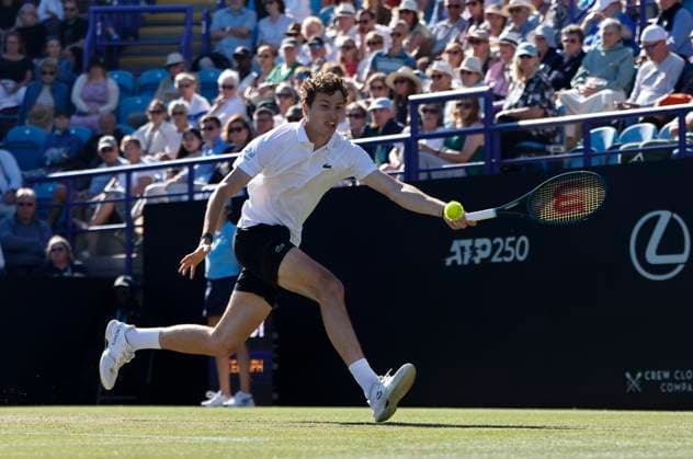 27th June 2025; Devonshire Park, Eastbourne, East Sussex, England; Lexus International Eastbourne, Day 5; Ugo Humbert (FRA) plays a forehand shot against Jensen Brooksby (USA) in the mens semi-finals match  ActionPlus12806124 HongboxChen