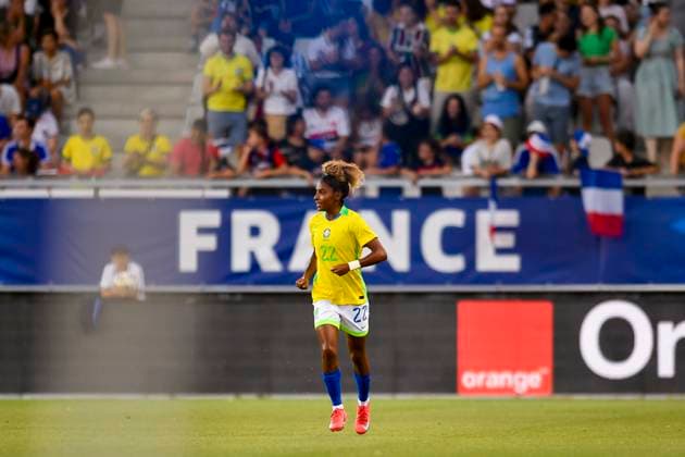 Grenoble, France - June 27: Luany Rosa of Brazil celebrates her goal during the Women s International Friendly, Länderspiel, Nationalmannschaft match between France and Brazil at Stade des Alpes on June 27, 2025 in Grenoble, France. (Photo by Eurasia Images) Grenoble Stade des Alpes France