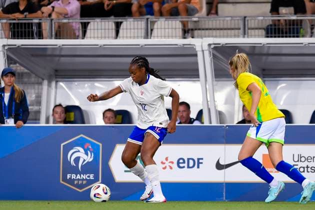 Grenoble, France - June 27: Marie-Antoinette Katoto of France (L) plays against Isadora Haas of Brazil (R) during the Women s International Friendly, Länderspiel, Nationalmannschaft match between France and Brazil at Stade des Alpes on June 27, 2025 in Grenoble, France. (Photo by Eurasia Images) Grenoble Stade des Alpes France