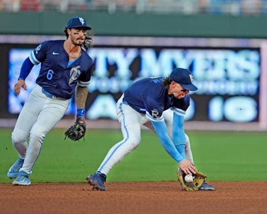 June 27, 2025: Kansas City Royals shortstop Bobby Witt Jr. (7) field a ground ball backed up by Kansas City Royals second base Jonathan India (6) against the Dodgers at Kauffman Stadium Kansas City, Missouri. CSM. Kansas City United States - ZUMAc04_ 20250627_zma_c04_003 Copyright: xJonxRobichaudx