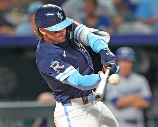 June 27, 2025:Kansas City Royals shortstop Bobby Witt Jr. (7) drives a pitch against the Dodgers at Kauffman Stadium Kansas City, Missouri. CSM. Kansas City United States - ZUMAc04_ 20250627_zma_c04_011 Copyright: xJonxRobichaudx