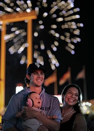 June 27, 2025: Kansas City Royals pitcher Daniel Lynch IV (41) enjoys post game fireworks with his family against the Dodgers at Kauffman Stadium Kansas City, Missouri. CSM. Kansas City United States - ZUMAc04_ 20250627_zma_c04_028 Copyright: xJonxRobichaudx