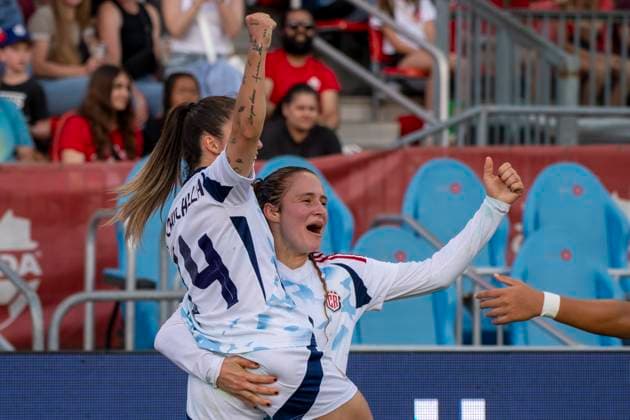 June 27, 2025, Toronto, Ontario, Canada: Maria Paula Salas 9 (R) of Costa Rica celebrates her goal with Priscila Chinchilla 14 (L) during an International Friendly, Länderspiel, Nationalmannschaft match at BMO Field on June 27, 2025 in Toronto, Ontario, Canada. The game ended 4-1 for Canada. Toronto Canada - ZUMAm154 20250627_zap_m154_036 Copyright: xAngelxMarchinix