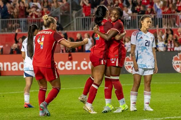June 27, 2025, Toronto, Ontario, Canada: Zara Chavoshi 29 (C) of Canada celebrates with Anabelle Chukwu 31 (R) and Shelina Zadorsky 4 (L) after scoring a header during an International Friendly, Länderspiel, Nationalmannschaft match at BMO Field on June 27, 2025 in Toronto, Ontario, Canada. The game ended 4-1 for Canada. Toronto Canada - ZUMAm154 20250627_zap_m154_037 Copyright: xAngelxMarchinix