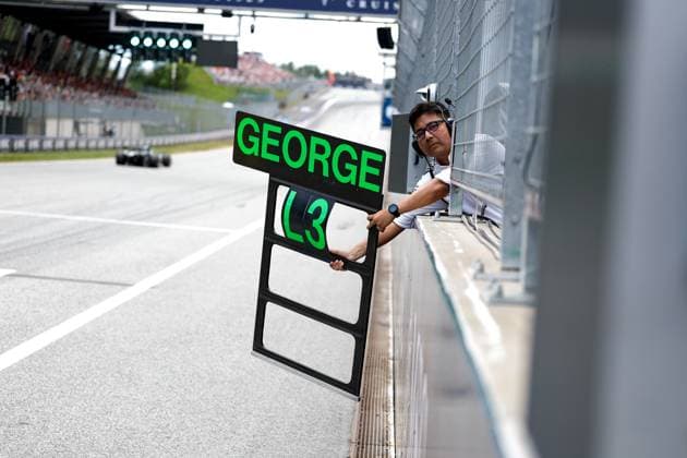 Pitboard for 63 George Russell (GBR, Mercedes-AMG Petronas F1 Team), F1 Grand Prix of Austria at Red Bull Ring on July 28, 2025 in Spielberg, Austria. (Photo by HOCH ZWEI) Spielberg Austria