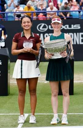 28th June 2025; Devonshire Park, Eastbourne, East Sussex, England; Lexus International Eastbourne, Day 6; Maya joint (AUS) with the winner& x2019;s trophy and Alexandra Eala (PHI) with runner up trophy after the Lexus International Eastbourne womens singles final matchh  ActionPlus12806230 HongboxChen