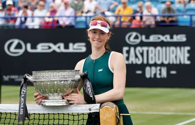 28th June 2025; Devonshire Park, Eastbourne, East Sussex, England; Lexus International Eastbourne, Day 6; Maya Joint (AUS) with the trophy after winning the Lexus International Eastbourne womens singles final match  ActionPlus12806235 HongboxChen