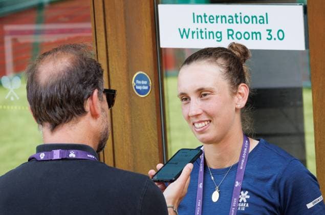 Belgian Elise Mertens talks to the press prior to the 2025 Wimbledon grand slam tennis tournament at the All England Tennis Club, in south-west London, Britain, Saturday 28 June 2025. BENOITxDOPPAGNE  x128004508x