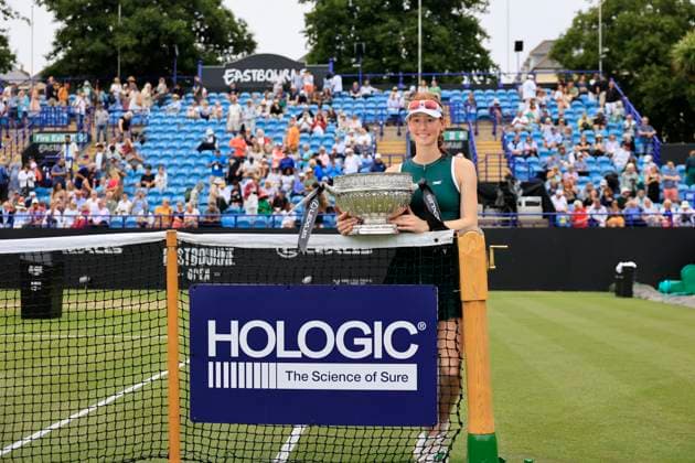 28th June 2025; Devonshire Park, Eastbourne, East Sussex, England; Lexus International Eastbourne, Day 6; Maya Joint (AUS) with the trophy after winning the Lexus International Eastbourne womens singles final match  ActionPlus12806258 HongboxChen