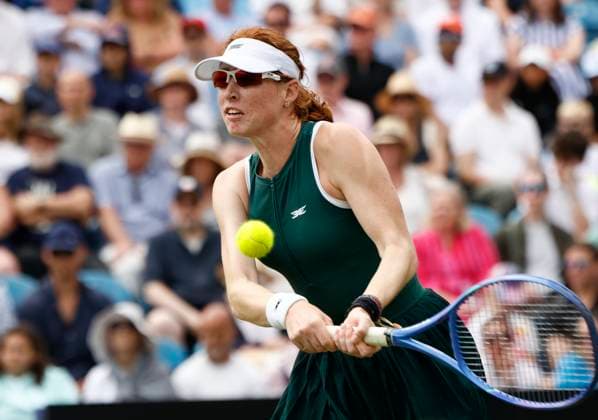 28th June 2025; Devonshire Park, Eastbourne, East Sussex, England; Lexus International Eastbourne, Day 6; Maya Joint (AUS) plays a backhand shot against Alexandra Eala (PHI) in the womens singles final match  ActionPlus12806283 HongboxChen