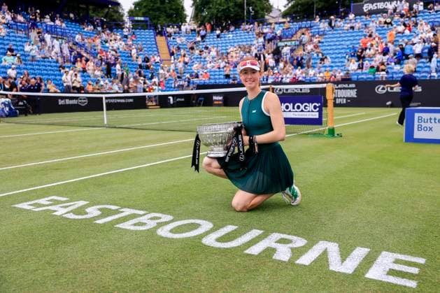 28th June 2025; Devonshire Park, Eastbourne, East Sussex, England; Lexus International Eastbourne, Day 6; Maya Joint (AUS) with the trophy after winning the Lexus International Eastbourne womens singles final match  ActionPlus12806261 HongboxChen
