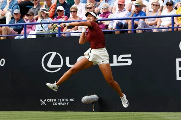 28th June 2025; Devonshire Park, Eastbourne, East Sussex, England; Lexus International Eastbourne, Day 6; Alexandra Eala (PHI) plays a forehand shot against Maya joint (AUS) in the womens singles final match  ActionPlus12806272 HongboxChen