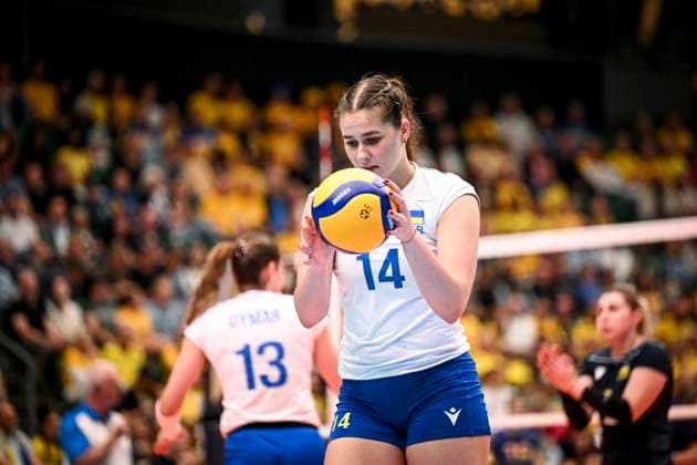 ÄNGELHOLM, SVERIGE 20250628 Ukraine s Daria Sharhorodska in action during the CEV Women s Volleyball European Golden League semifinal match between Ukraine and Sweden at Catena Arena, in Angelholm, Sweden, on June 28, 2025. ÄNGELHOLM SVERIGE x11566x