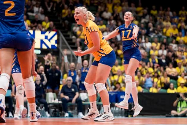 250628 Filippa Brink of Sweden celebrates during Women s European Golden League semifinal volleyball match between Sweden and Ukraine on June 28, 2025 in Ängelholm. Photo: Petter Arvidson BILDBYRAN kod PA PA1041 volleyboll volleyball european golden league semifinal semifinals sverige ukraine sweden dam bbeng ukraina bbauto jubel Copyright: PETTERxARVIDSON BB250628PA033