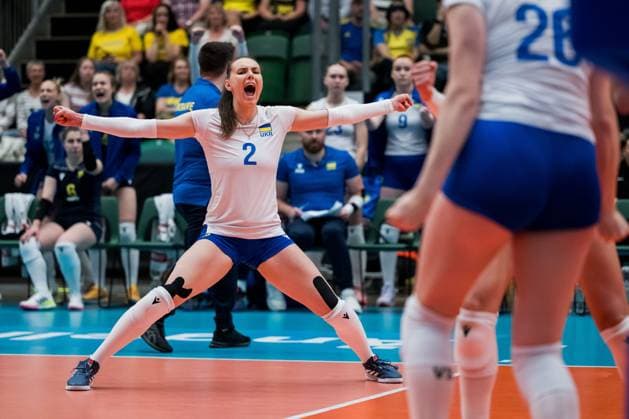 250628 Diana Meliushkyna of Ukraine celebrates during Women s European Golden League semifinal volleyball match between Sweden and Ukraine on June 28, 2025 in Ängelholm. Photo: Petter Arvidson BILDBYRAN kod PA PA1041 volleyboll volleyball european golden league semifinal semifinals sverige ukraine sweden dam bbeng ukraina jubel Copyright: PETTERxARVIDSON BB250628PA070