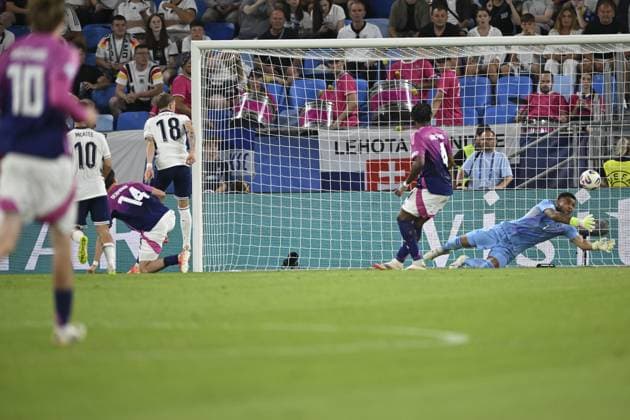 BRATISLAVA - James McAtee of England U21, U 21 Jay Stansfield of England U21, Bright Arrey Mbi of Germany U21, Germany U21 goalkeeper Tjark Ernst (l-r) at the National Football Stadium during the Under-21 European Championship, EM, Europameisterschaft final between Young England and Young Germany. ANP Hollandse Hoogte UEFA European Under-21 Championship 2025 Final 2024 25 xVIxANPxSportx xGerritxvanxKeulenxIVx 530649080 originalFilename: 530649080.jpg