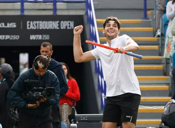 28th June 2025; Devonshire Park, Eastbourne, East Sussex, England; Lexus International Eastbourne, Day 6; Taylor Fritz (USA) celebrates his victory after defeating Jensen Brooksby (USA) in the mens singles final match  ActionPlus12806400 HongboxChen