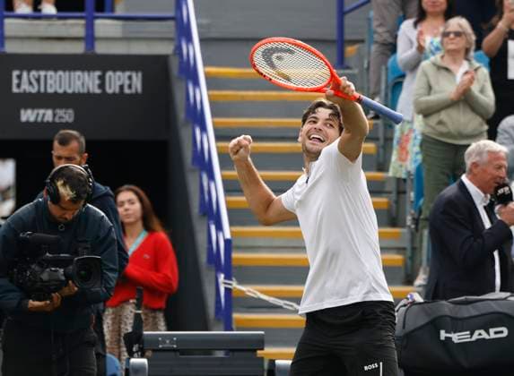 28th June 2025; Devonshire Park, Eastbourne, East Sussex, England; Lexus International Eastbourne, Day 6; Taylor Fritz (USA) celebrates his victory after defeating Jensen Brooksby (USA) in the mens singles final match  ActionPlus12806401 HongboxChen