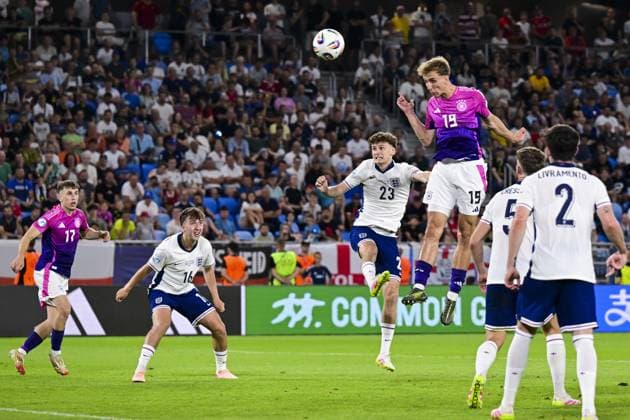 BRATISLAVA - Brajan Gruda of Germany U21, U 21 Jack Hinshelwood of England U21, Tyler Morton of England U21, Nelson Weiper of Germany U21 scores header 2-1, Charlie Cresswell of England U21, Tino Livramento of England U21 (l-r) at the National Football Stadium during the Under-21 European Championship, EM, Europameisterschaft final between Young England and Young Germany. ANP Hollandse Hoogte UEFA European Under-21 Championship 2025 Final 2024 25 xVIxANPxSportx xGerritxvanxKeulenxIVx 530649652 originalFilename: 530649652.jpg