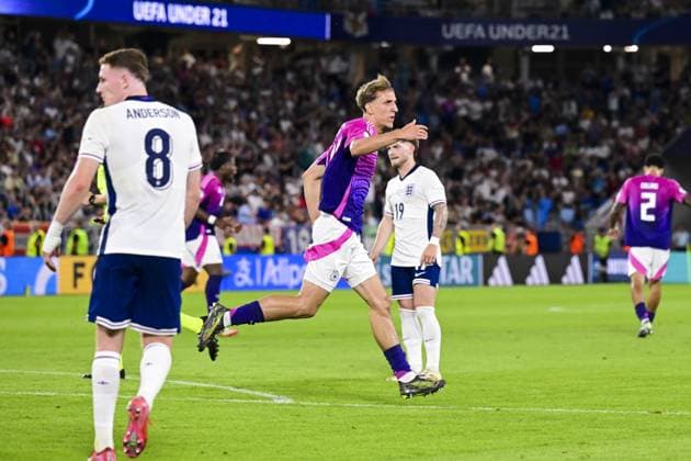 BRATISLAVA - Nelson Weiper of Germany U21, U 21 (c) cheers after scoring 2-1 at the National Football Stadium during the Under-21 European Championship, EM, Europameisterschaft final between Young England and Young Germany. ANP Hollandse Hoogte UEFA European Under-21 Championship 2025 Final 2024 25 xVIxANPxSportx xGerritxvanxKeulenxIVx 530649821 originalFilename: 530649821.jpg
