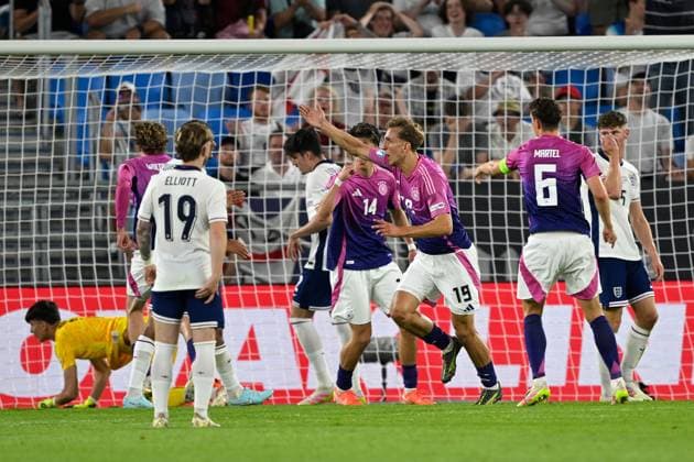 Bratislava, Narodny futbalovy stadion - Tehelne Pole, 28.06.25, SVK, Herren, UEFA U21, U 21 Europameisterschaft, Finale, England-Deutschland Bild: Nelson WEIPER (Deutschland) jubelt nach seinem Tor zum 2:1 UEFA regulations prohibit any use of photographs as image sequences and or quasi-video. Bratislava Slowakei