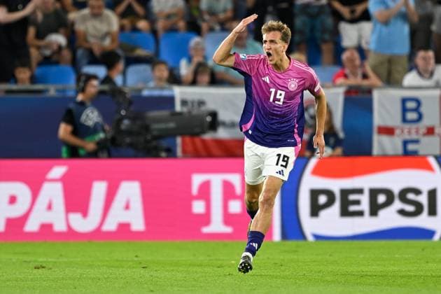 Bratislava, Narodny futbalovy stadion - Tehelne Pole, 28.06.25, SVK, Herren, UEFA U21, U 21 Europameisterschaft, Finale, England-Deutschland Bild: Nelson WEIPER (Deutschland) jubelt nach seinem Tor zum 2:1 UEFA regulations prohibit any use of photographs as image sequences and or quasi-video. Bratislava Slowakei