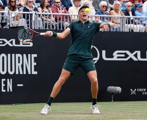 28th June 2025; Devonshire Park, Eastbourne, East Sussex, England; Lexus International Eastbourne, Day 6; Jensen Brooksby (USA) plays a forehand shot against Taylor Fritz (USA) in the mens singles final match  ActionPlus12806415 HongboxChen