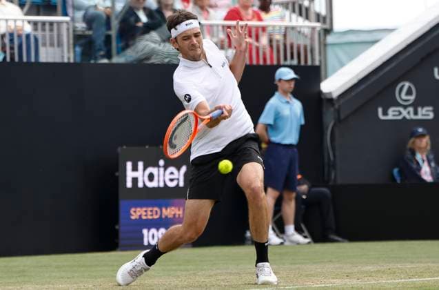 28th June 2025; Devonshire Park, Eastbourne, East Sussex, England; Lexus International Eastbourne, Day 6; Taylor Fritz (USA) plays a forehand shot against Jensen Brooksby (USA) in the mens singles final match  ActionPlus12806428 HongboxChen