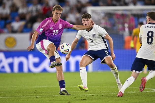 BRATISLAVA - Nelson Weiper of Germany U21, U 21 Charlie Cresswell of England U21(l-r) at the National Football Stadium during the Under-21 European Championship, EM, Europameisterschaft final between Young England and Young Germany. ANP Hollandse Hoogte UEFA European Under-21 Championship 2025 Final 2024 25 xVIxANPxSportx xGerritxvanxKeulenxIVx 530651669 originalFilename: 530651669.jpg
