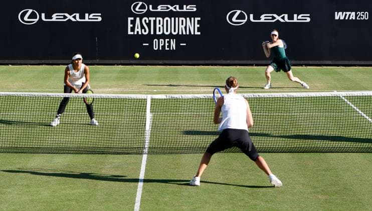 28th June 2025; Devonshire Park, Eastbourne, East Sussex, England; Lexus International Eastbourne, Day 6; Maya Joint (AUS) returns a shot from Anna Danilina (KAZ) in the womens doubles final match  ActionPlus12806465 HongboxChen