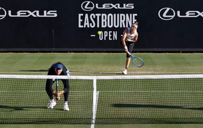 28th June 2025; Devonshire Park, Eastbourne, East Sussex, England; Lexus International Eastbourne, Day 6; Marie Bouzkova (CZE) serves to Maya Joint (AUS) in the womens doubles final match  ActionPlus12806469 HongboxChen