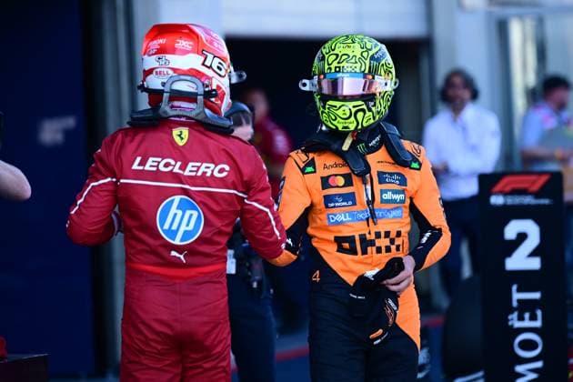 F1 Grand Prix of Austria - Qualifying Charles Leclerc of Scuderia Ferrari and Lando Norris of McLaren F1 Team drive and celebrate after qualifying in the 12th round of the Formula 1 World Championship, WM, Weltmeisterschaft at Red Bull Ring in Spielberg, Styria, Austria, on June 27, 2025. Spielberg Styria Austria  Copyright: xAndreaxDiodatox originalFilename:diodato-formula1250627_npqyY.jpg