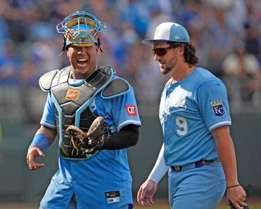 June 28, 2025:Kansas City Royals catcher Salvador Perez (13) and Kansas City Royals first base Vinnie Pasquantino (9) celebrate the win against the Dodgers at Kauffman Stadium Kansas City, Missouri. CSM. Kansas City United States - ZUMAc04_ 20250628_zma_c04_020 Copyright: xJonxRobichaudx