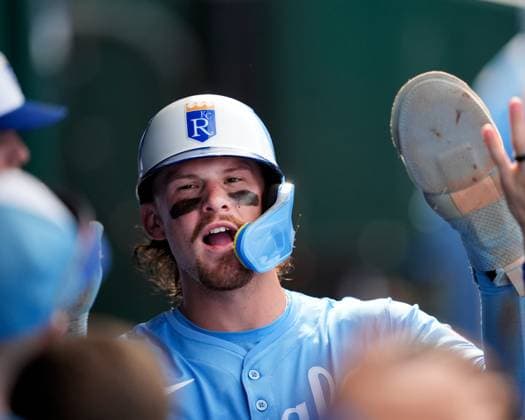 June 28, 2025: Kansas City Royals shortstop Bobby Witt Jr. (7) celebrates scoring against the Dodgers at Kauffman Stadium Kansas City, Missouri. CSM. Kansas City United States - ZUMAc04_ 20250628_zma_c04_026 Copyright: xJonxRobichaudx